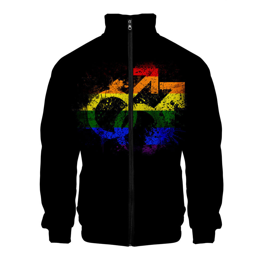 Gay casual 3D digital stand collar zip hoodie man