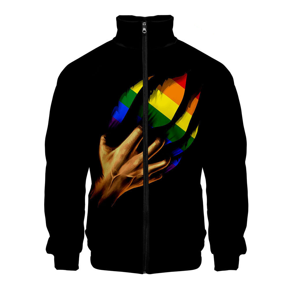 Gay casual 3D digital stand collar zip hoodie man