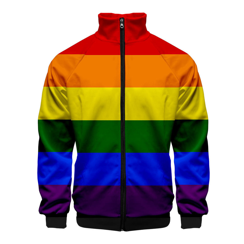 Gay casual 3D digital stand collar zip hoodie man