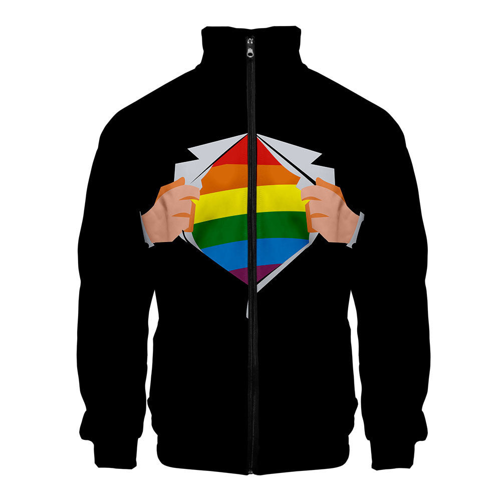 Gay casual 3D digital stand collar zip hoodie man