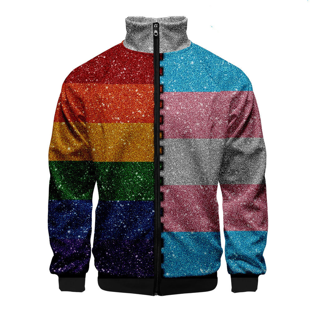 Gay casual 3D digital stand collar zip hoodie man