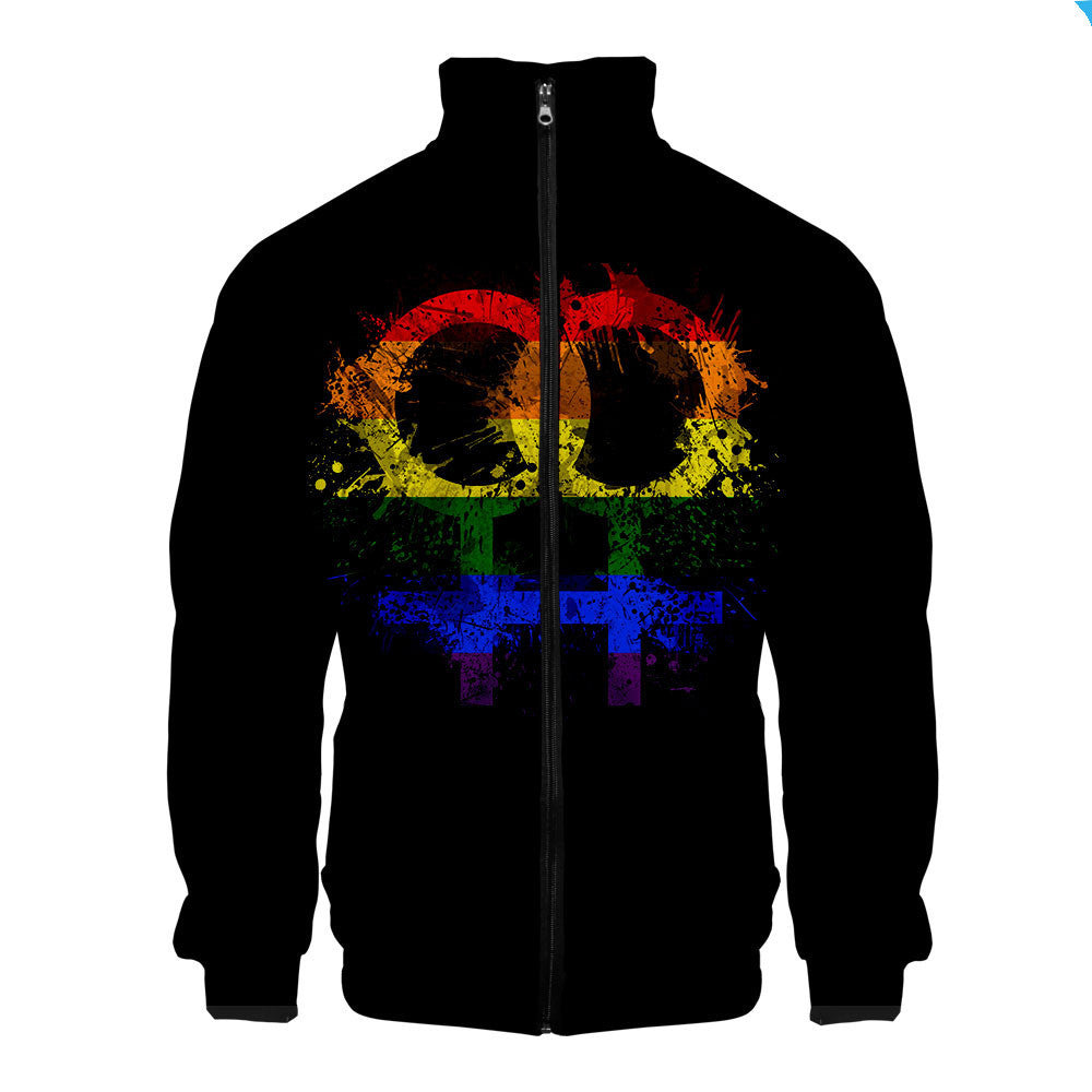 Gay casual 3D digital stand collar zip hoodie man