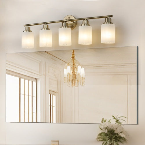 5 Lamps Gold Bathroom Vanity Lamp, Frosted Glass Shade, Modern Wall Mounted Lighting