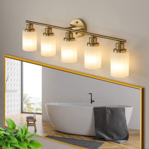 5 Lamps Gold Bathroom Vanity Lamp, Frosted Glass Shade, Modern Wall Mounted Lighting