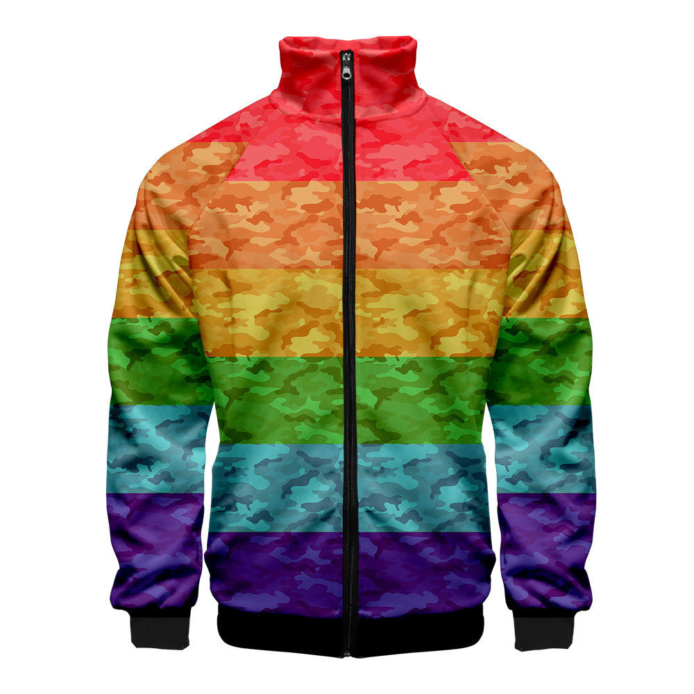 Gay casual 3D digital stand collar zip hoodie man