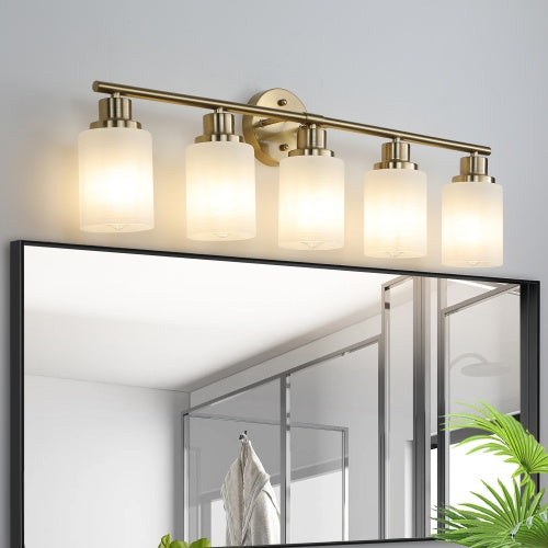 5 Lamps Gold Bathroom Vanity Lamp, Frosted Glass Shade, Modern Wall Mounted Lighting