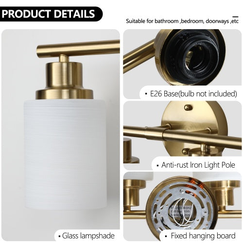 5 Lamps Gold Bathroom Vanity Lamp, Frosted Glass Shade, Modern Wall Mounted Lighting